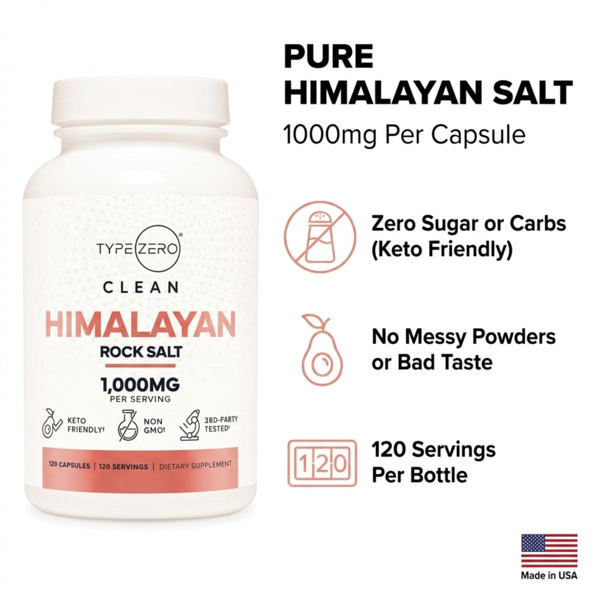 Type Zero Himalayan Rock Salt Capsules (120 Capsules) (1000mg per Serving) - Maple Wellness Supplements