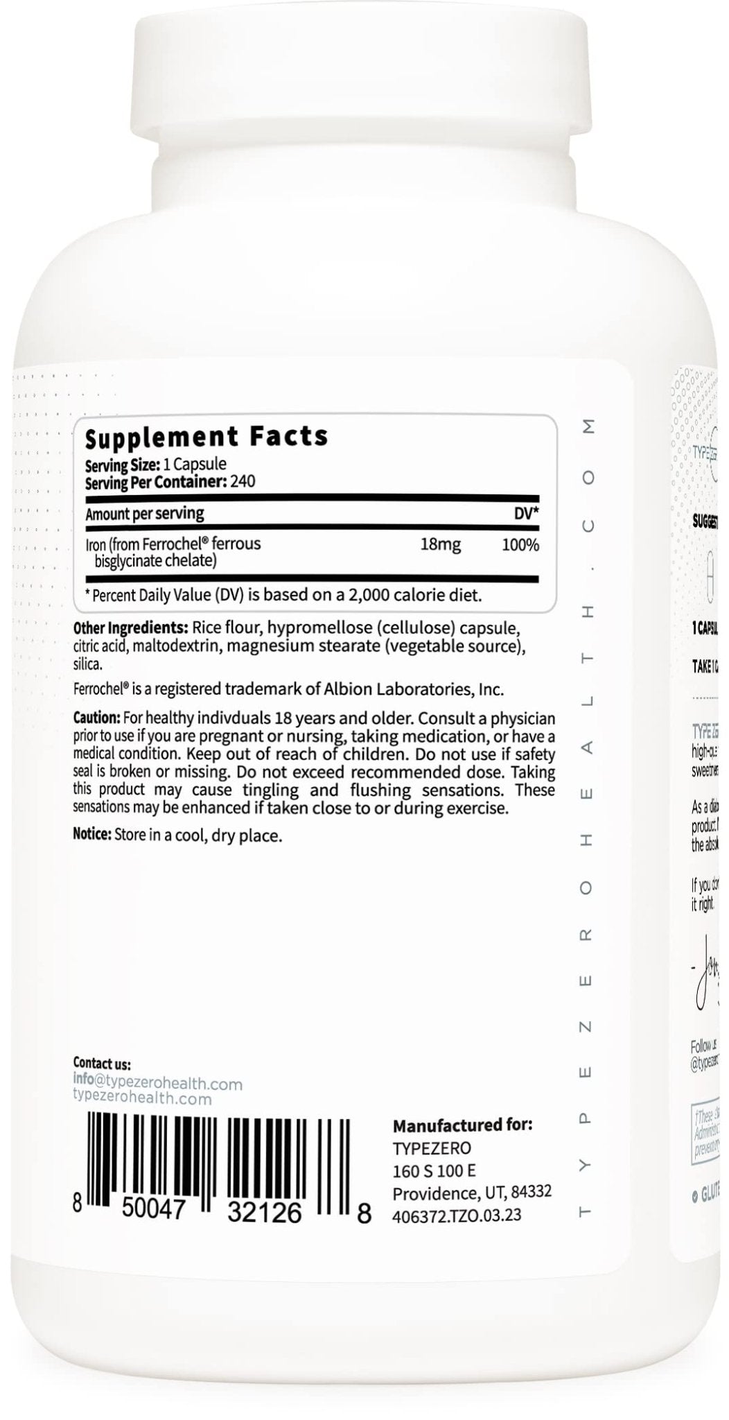 Type Zero Iron Chelate Capsules (18 MG, 240 CAPS) from Ferrochel Ferrous Bisglycinate Chelate - Non-GMO and Gluten Free - Maple Wellness Supplements