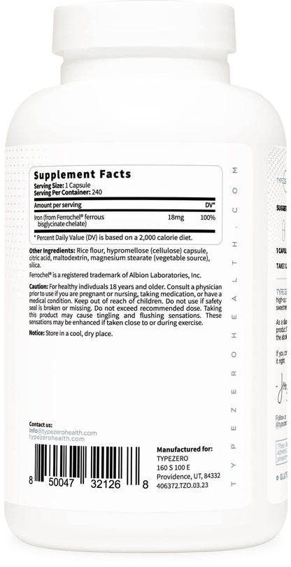 Type Zero Iron Chelate Capsules (18 MG, 240 CAPS) from Ferrochel Ferrous Bisglycinate Chelate - Non-GMO and Gluten Free - Maple Wellness Supplements