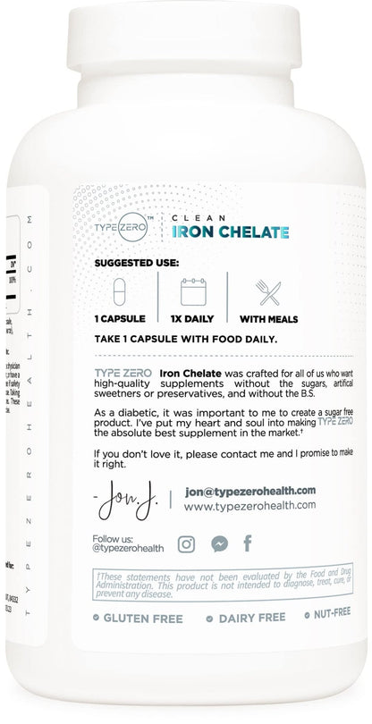 Type Zero Iron Chelate Capsules (18 MG, 240 CAPS) from Ferrochel Ferrous Bisglycinate Chelate - Non-GMO and Gluten Free - Maple Wellness Supplements