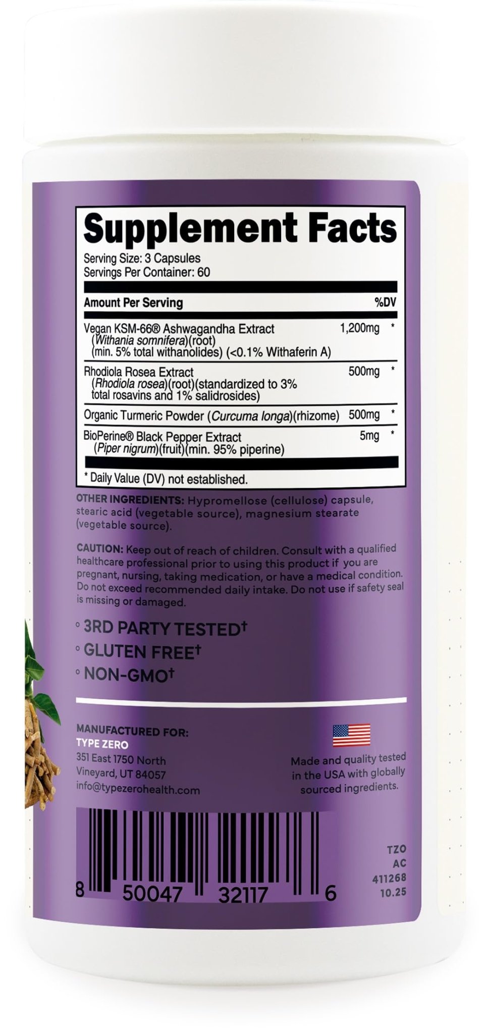 Type Zero KSM-66 Ashwagandha Root Extract 1,200mg, 60 Servings - High Potency 5% Withanolides - with Turmeric, Rhodiola Rosea and BioPerine Black Pepper Extract - 180 Veggie Caps - Maple Wellness Supplements