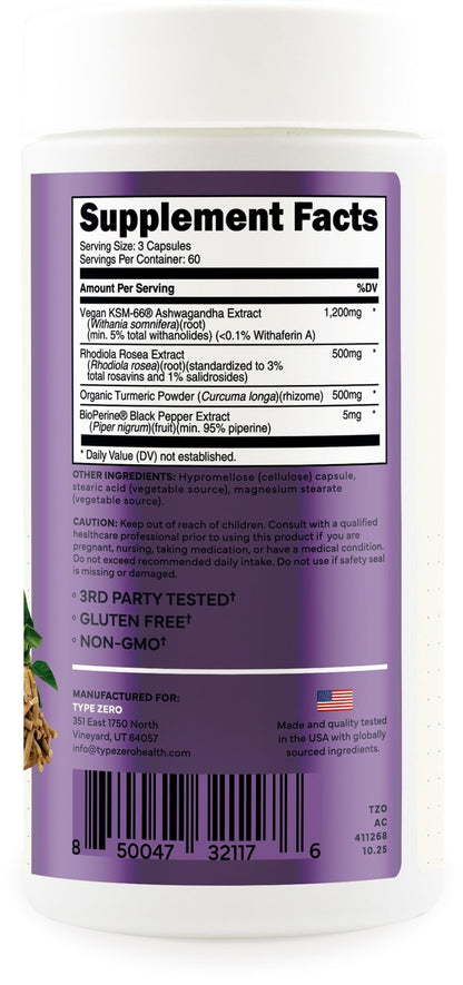 Type Zero KSM-66 Ashwagandha Root Extract 1,200mg, 60 Servings - High Potency 5% Withanolides - with Turmeric, Rhodiola Rosea and BioPerine Black Pepper Extract - 180 Veggie Caps - Maple Wellness Supplements