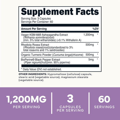 Type Zero KSM-66 Ashwagandha Root Extract 1,200mg, 60 Servings - High Potency 5% Withanolides - with Turmeric, Rhodiola Rosea and BioPerine Black Pepper Extract - 180 Veggie Caps - Maple Wellness Supplements