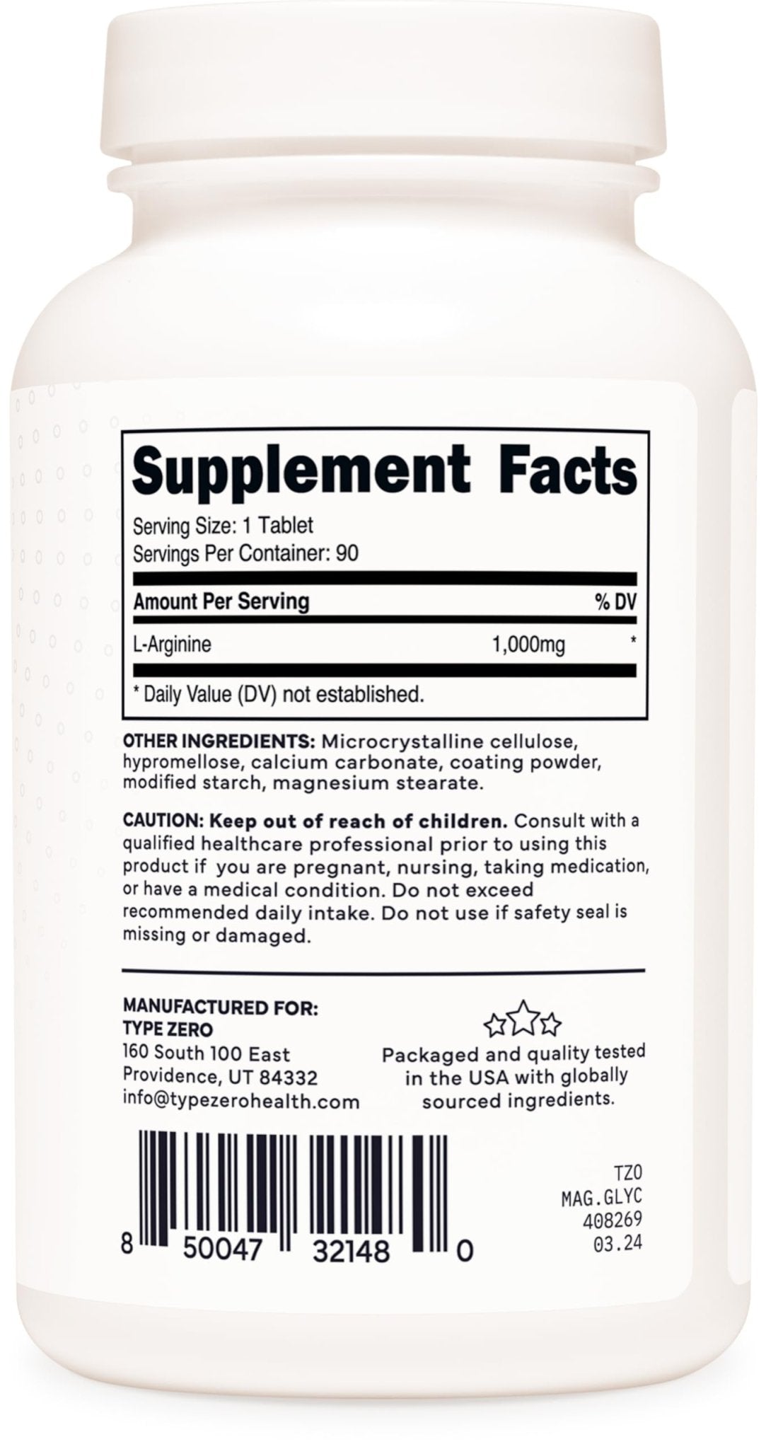 Type Zero L-Arginine 90 Tablets 1,000 mg per Serving - Non-GMO - Maple Wellness Supplements