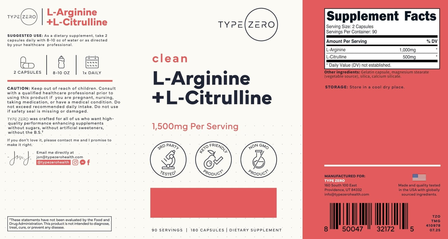 Type Zero L-Arginine + L-Citrulline Supplement (1500mg) - Nitric Oxide Booster - Clean, Keto-Friendly, GMO-Free, 180 Capsules, 90 Servings - Maple Wellness Supplements