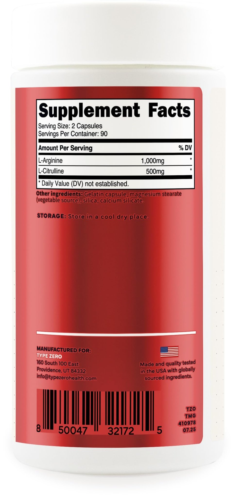 Type Zero L-Arginine + L-Citrulline Supplement (1500mg) - Nitric Oxide Booster - Clean, Keto-Friendly, GMO-Free, 180 Capsules, 90 Servings - Maple Wellness Supplements