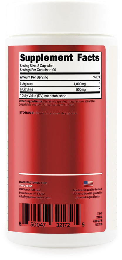 Type Zero L-Arginine + L-Citrulline Supplement (1500mg) - Nitric Oxide Booster - Clean, Keto-Friendly, GMO-Free, 180 Capsules, 90 Servings - Maple Wellness Supplements