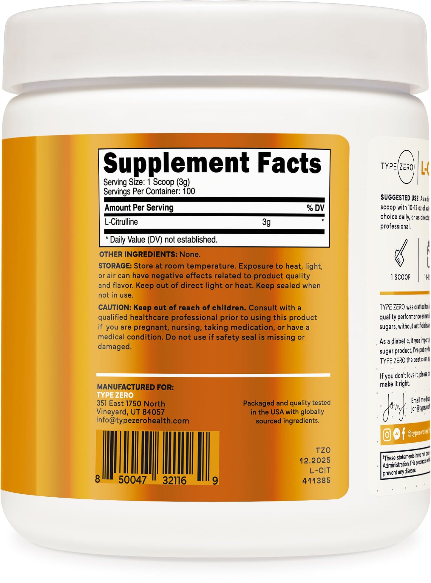 Type Zero L-Citrulline Base Powder, 3,000mg Per Serving - 100 Servings - Maple Wellness Supplements