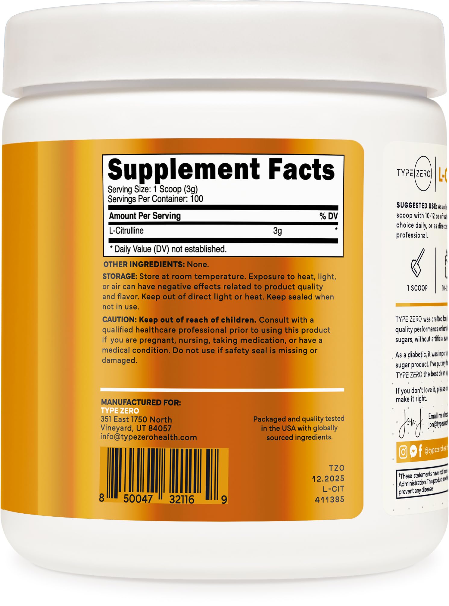 Type Zero L-Citrulline Base Powder, 3,000mg Per Serving - 100 Servings - Maple Wellness Supplements