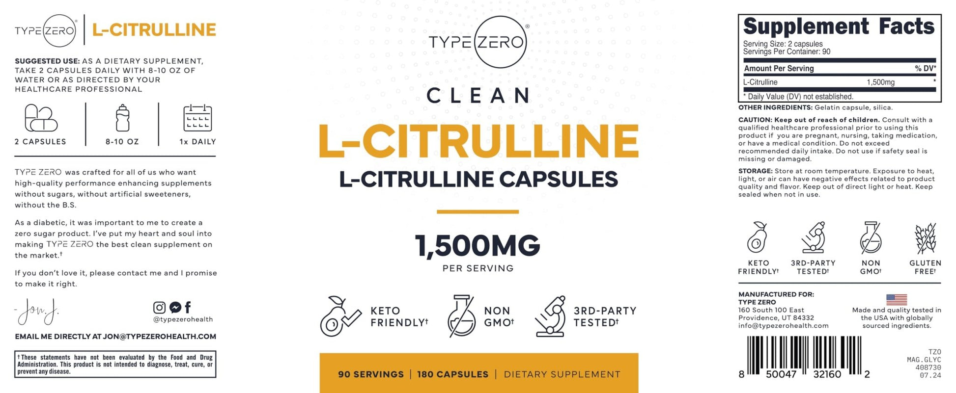Type Zero L-Citrulline Capsules (180 Capsules) (1500 mg per Serving) - GMO-Free - Maple Wellness Supplements