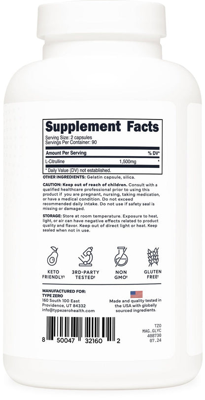 Type Zero L-Citrulline Capsules (180 Capsules) (1500 mg per Serving) - GMO-Free - Maple Wellness Supplements