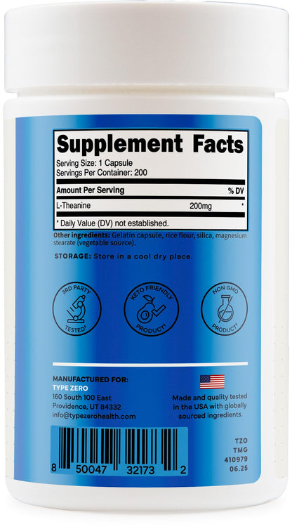 Type Zero L-Theanine (200mg) 200 Capsules - Clean L-Theanine Supplement, Keto, GMO-Free - Maple Wellness Supplements