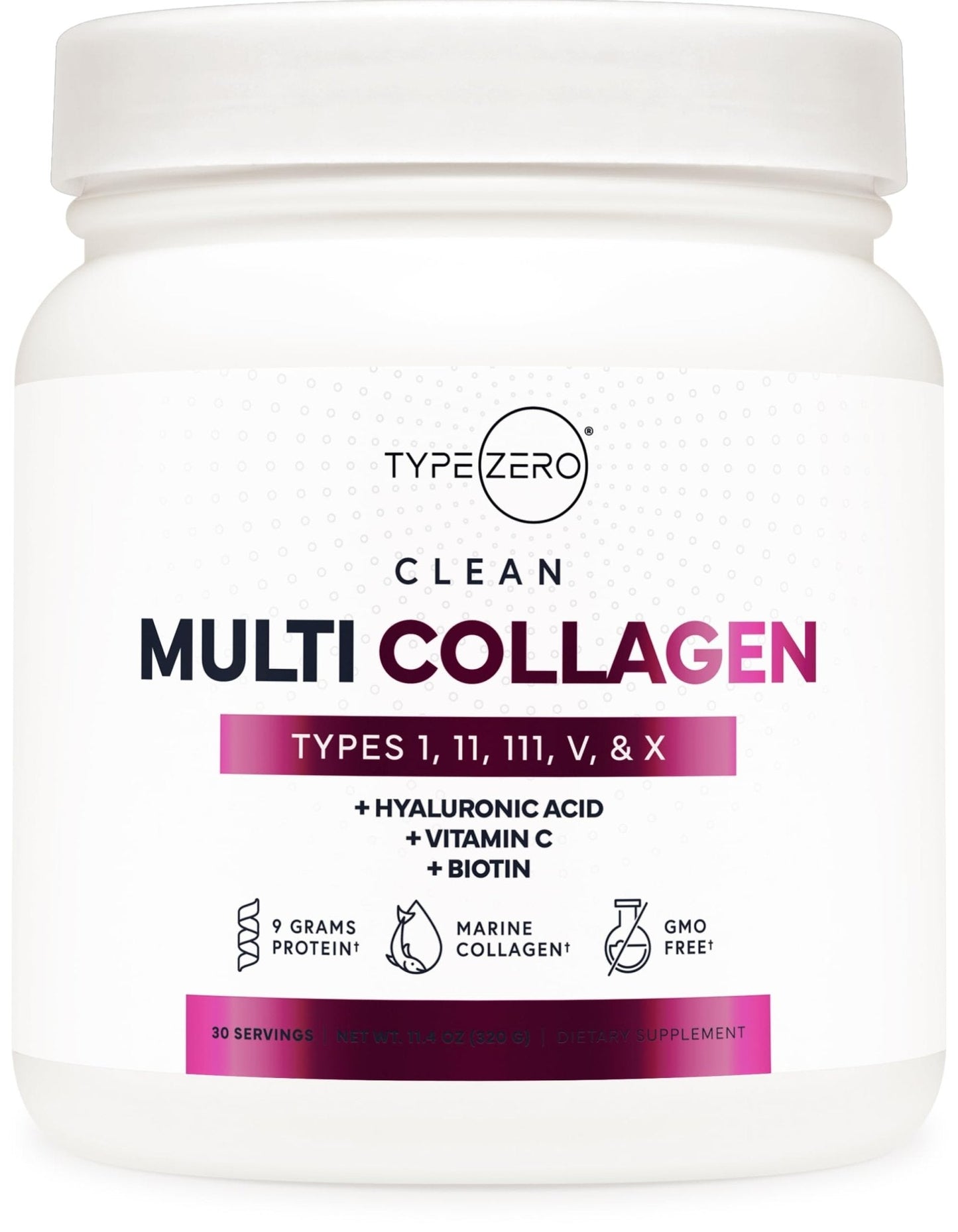 Type Zero Multi Collagen Powder 30 Servings (Unflavored) - Types I, II, III, V, & X Collagen Peptides + Hyaluronic Acid, VIT C, Biotin - Maple Wellness Supplements