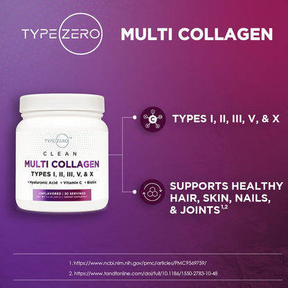 Type Zero Multi Collagen Powder 30 Servings (Unflavored) - Types I, II, III, V, & X Collagen Peptides + Hyaluronic Acid, VIT C, Biotin - Maple Wellness Supplements