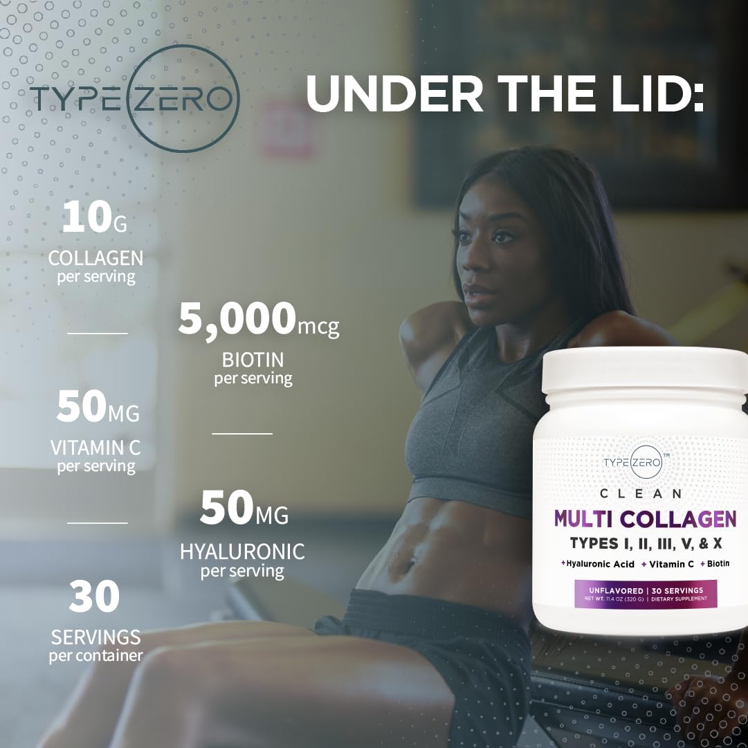 Type Zero Multi Collagen Powder 30 Servings (Unflavored) - Types I, II, III, V, & X Collagen Peptides + Hyaluronic Acid, VIT C, Biotin - Maple Wellness Supplements