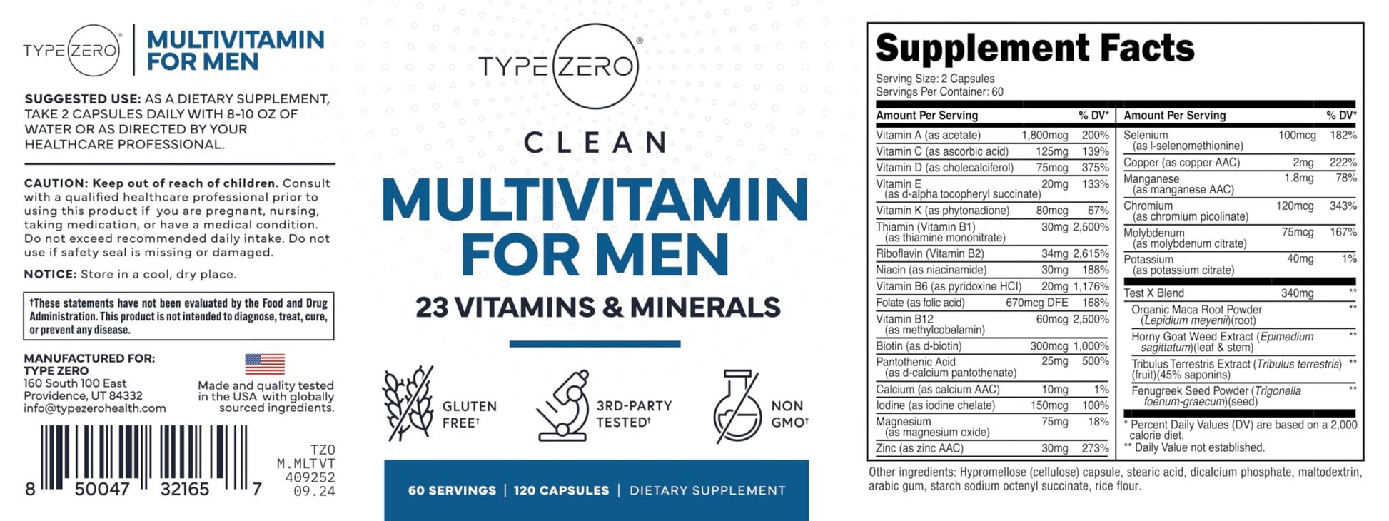 Type Zero Multivitamin Capsules for Men (120 Capsules) (1200 mg) - Gluten-Free, 60 Servings - Maple Wellness Supplements