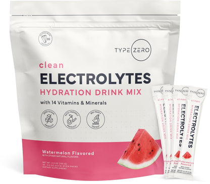 Type Zero Sugar Free Electrolytes Powder Packets + Clean Hydration Powder Stick Packs with 14 Vitamins and Minerals - Watermelon Flavor, 30 Servings - Maple Wellness Supplements