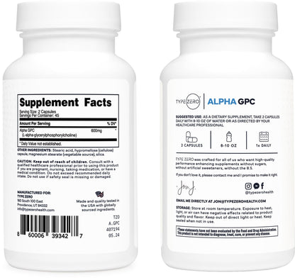 Type Zero Ultra Clean Alpha GPC Choline Supplement (600mg | 90 Capsules) Soy Free, Non-GMO Nootropics Alpha GPC 600mg / 300mg; Alpha-GPC Brain Memory and Focus Supplements - Maple Wellness Supplements