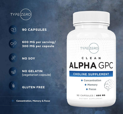 Type Zero Ultra Clean Alpha GPC Choline Supplement (600mg | 90 Capsules) Soy Free, Non-GMO Nootropics Alpha GPC 600mg / 300mg; Alpha-GPC Brain Memory and Focus Supplements - Maple Wellness Supplements