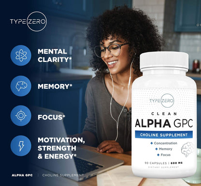 Type Zero Ultra Clean Alpha GPC Choline Supplement (600mg | 90 Capsules) Soy Free, Non-GMO Nootropics Alpha GPC 600mg / 300mg; Alpha-GPC Brain Memory and Focus Supplements - Maple Wellness Supplements