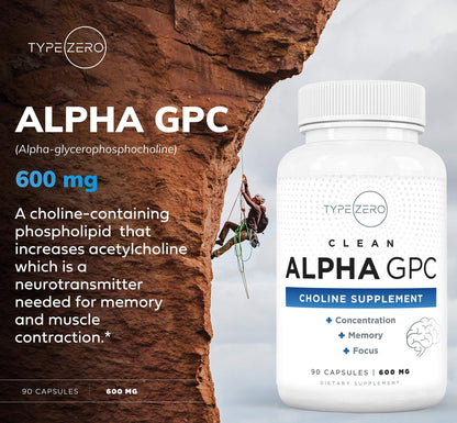 Type Zero Ultra Clean Alpha GPC Choline Supplement (600mg | 90 Capsules) Soy Free, Non-GMO Nootropics Alpha GPC 600mg / 300mg; Alpha-GPC Brain Memory and Focus Supplements - Maple Wellness Supplements