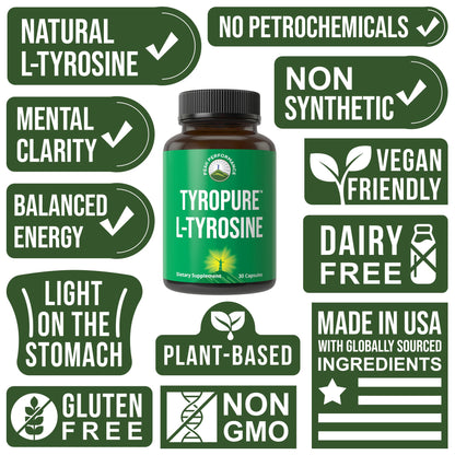TyroPure L Tyrosine Supplement. More Bioavailable, Cleaner Version of L-Tyrosine. Vegan, Naturally Fermented 500mg Capsules for Mental Clarity, Dopamine. Mood Support for Women and Men - Maple Wellness Supplements