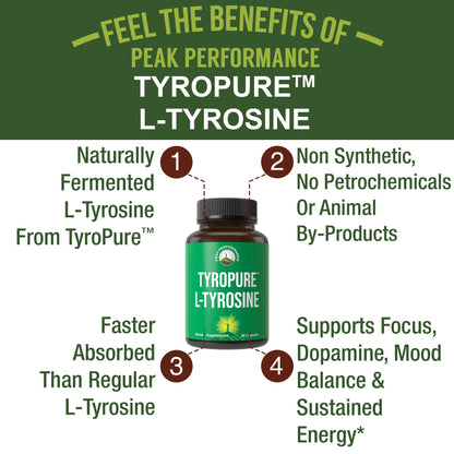 TyroPure L Tyrosine Supplement. More Bioavailable, Cleaner Version of L-Tyrosine. Vegan, Naturally Fermented 500mg Capsules for Mental Clarity, Dopamine. Mood Support for Women and Men - Maple Wellness Supplements