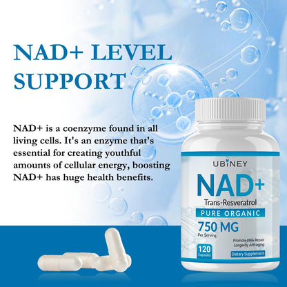 Ubiney NAD+ 750mg with Trans-Resveratrol – Pure Organic Nicotinamide Adenine Dinucleotide Supplement – DNA Repair, Cellular Energy, Anti-Aging Support – 120 Vegan Capsules, Non-GMO, Gluten-Free - Maple Wellness Supplements