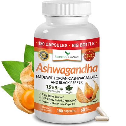 UDAF Certified Organic Ashwagandha with Black Pepper, 1965mg - Extra Strength for Stress, Sleep, Mood, Thyroid, Energy, Hair, Vegan Pure Root Extract Powder Supplement for Men and Women | 180 Capsules - Maple Wellness Supplements
