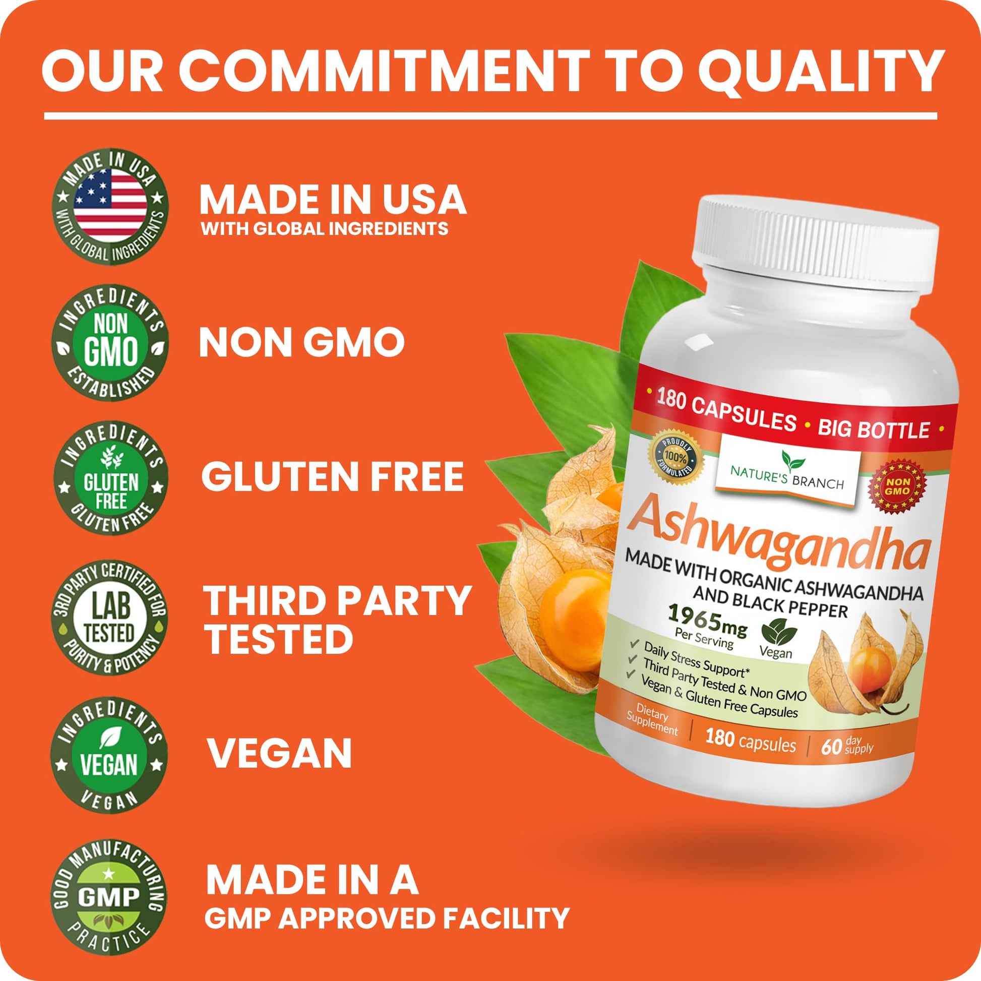 UDAF Certified Organic Ashwagandha with Black Pepper, 1965mg - Extra Strength for Stress, Sleep, Mood, Thyroid, Energy, Hair, Vegan Pure Root Extract Powder Supplement for Men and Women | 180 Capsules - Maple Wellness Supplements