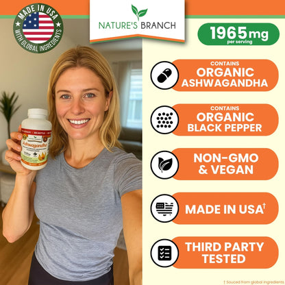 UDAF Certified Organic Ashwagandha with Black Pepper, 1965mg - Extra Strength for Stress, Sleep, Mood, Thyroid, Energy, Hair, Vegan Pure Root Extract Powder Supplement for Men and Women | 180 Capsules - Maple Wellness Supplements