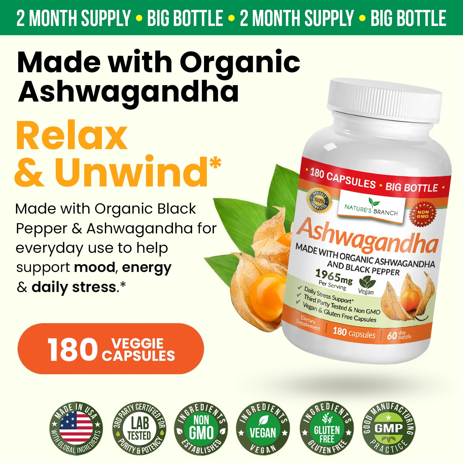 UDAF Certified Organic Ashwagandha with Black Pepper, 1965mg - Extra Strength for Stress, Sleep, Mood, Thyroid, Energy, Hair, Vegan Pure Root Extract Powder Supplement for Men and Women | 180 Capsules - Maple Wellness Supplements