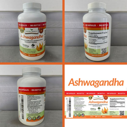 UDAF Certified Organic Ashwagandha with Black Pepper, 1965mg - Extra Strength for Stress, Sleep, Mood, Thyroid, Energy, Hair, Vegan Pure Root Extract Powder Supplement for Men and Women | 180 Capsules - Maple Wellness Supplements