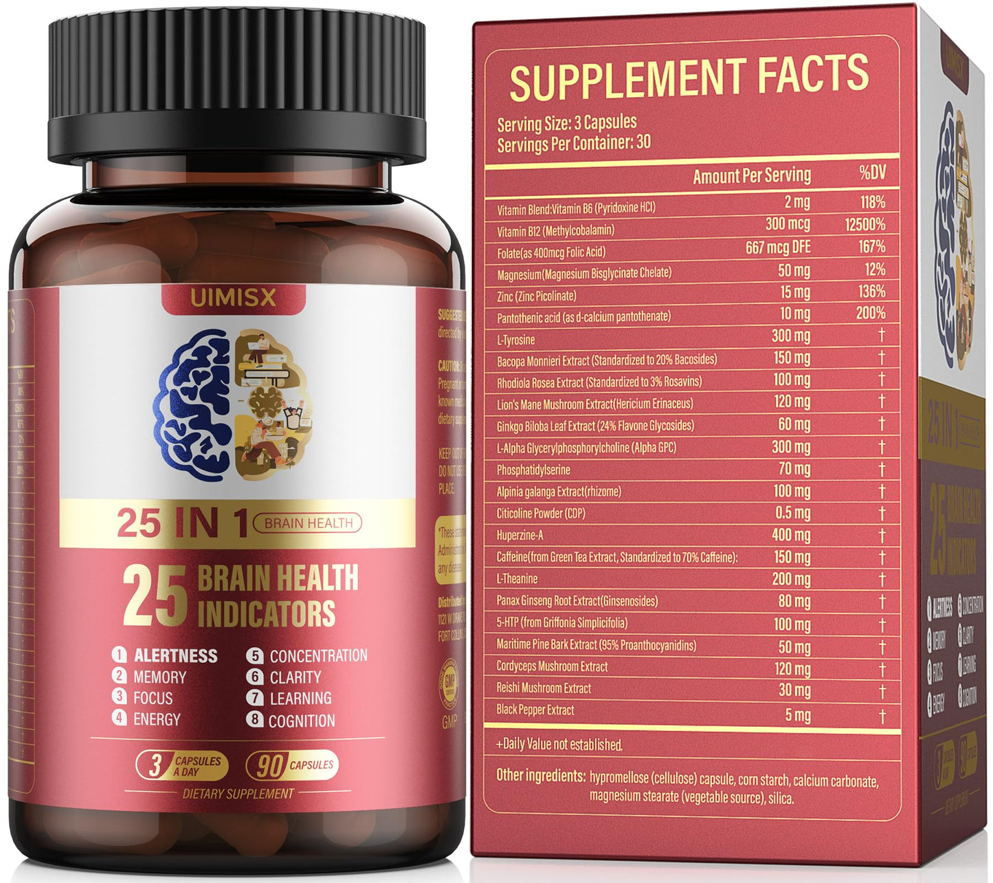 UIMISX Brain Supplement for Mental Alertness, Memory, Focus & Energy, Alpha GPC, Huperzine-A, L-Tyrosine, Phosphatidylserine, Vitamins B6 B12, High Absorption, 90 Capsules - Maple Wellness Supplements