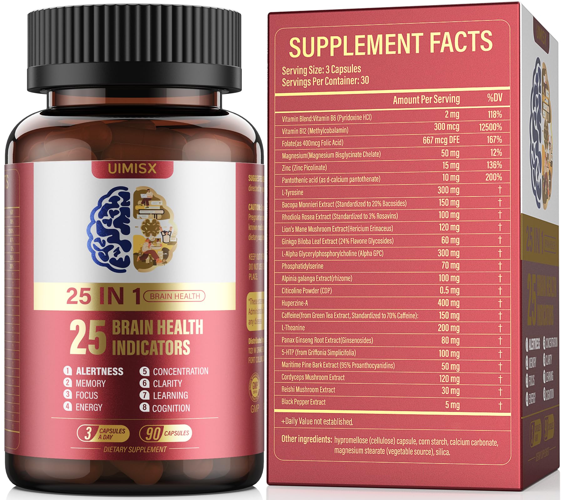 UIMISX Brain Supplement for Mental Alertness, Memory, Focus & Energy, Alpha GPC, Huperzine-A, L-Tyrosine, Phosphatidylserine, Vitamins B6 B12, High Absorption, 90 Capsules - Maple Wellness Supplements