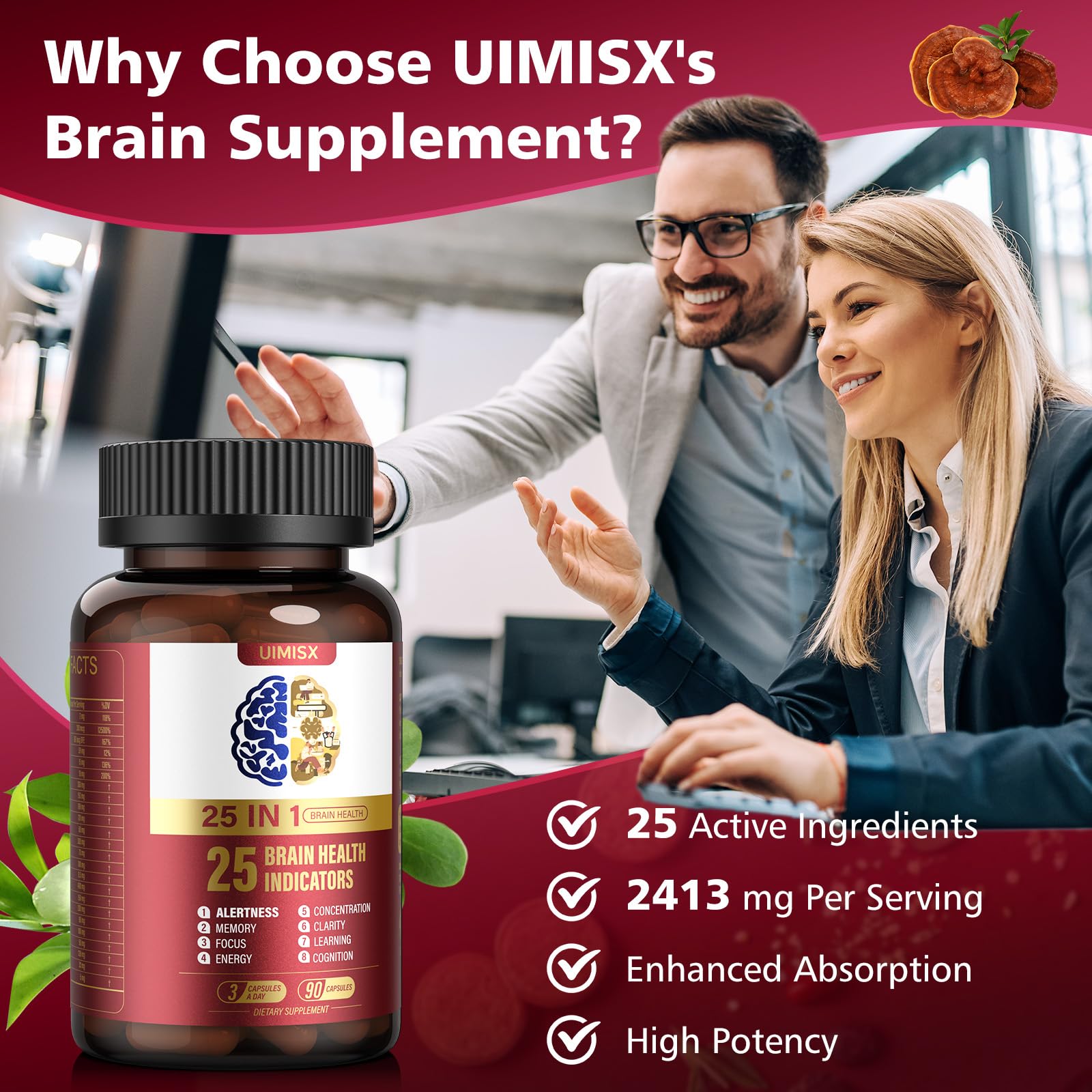 UIMISX Brain Supplement for Mental Alertness, Memory, Focus & Energy, Alpha GPC, Huperzine-A, L-Tyrosine, Phosphatidylserine, Vitamins B6 B12, High Absorption, 90 Capsules - Maple Wellness Supplements