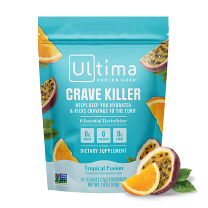Ultima Replenisher Crave Killer Supplement and Electrolytes Powder – Tropical Fusion, 14 Stickpacks – Hydration Packets that Kick Cravings to The Curb - Maple Wellness Supplements