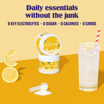 Ultima Replenisher Daily Electrolyte Powder Drink Mix – Lemonade, 30 Servings Canister – Zero Sugar Hydration Powder with 6 Electrolytes & Minerals - Maple Wellness Supplements