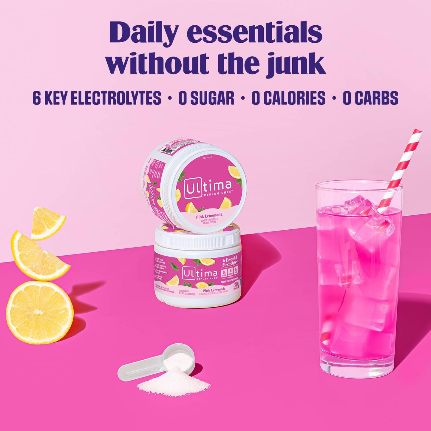 Ultima Replenisher Daily Electrolyte Powder Drink Mix – Pink Lemonade, 30 Servings Canister – Zero Sugar Hydration Powder with 6 Electrolytes & Minerals - Maple Wellness Supplements
