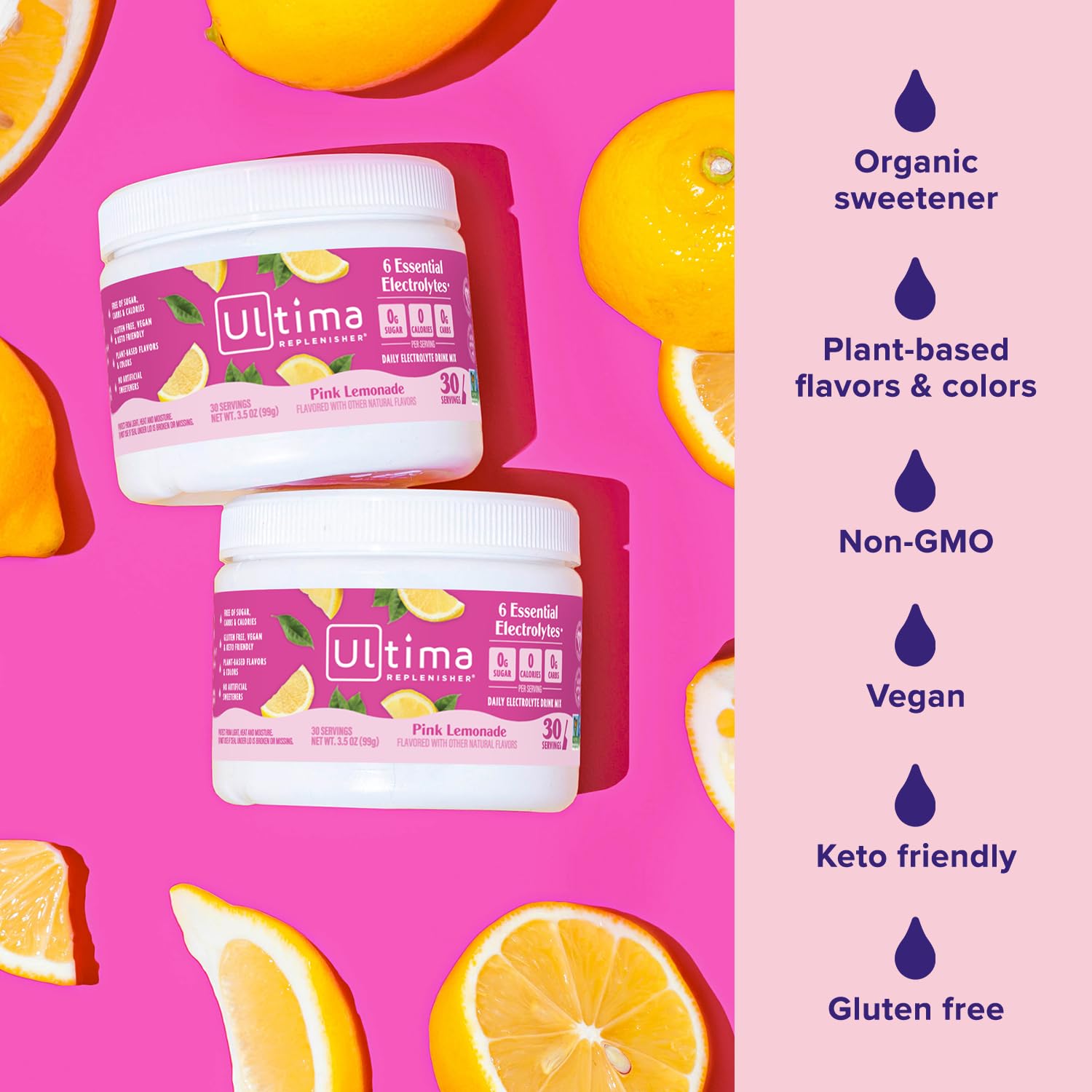 Ultima Replenisher Daily Electrolyte Powder Drink Mix – Pink Lemonade, 30 Servings Canister – Zero Sugar Hydration Powder with 6 Electrolytes & Minerals - Maple Wellness Supplements