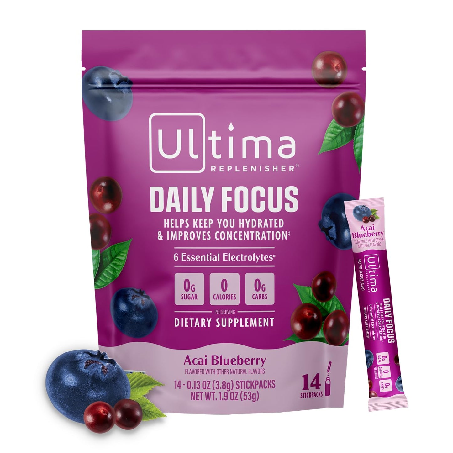 Ultima Replenisher Daily Focus Supplement & Electrolytes Powder - Acai Blueberry, 14 Stickpacks - Hydration Packets, 60mg Caffeine from Green Tea Extract & L-Theanine - Maple Wellness Supplements