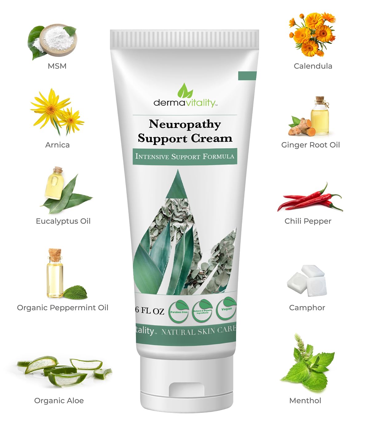 UltimateVitality Neuropathy Support Cream – Natural Organic Cream for Feet, Hands, Legs, Toes Includes Arnica, Capsicum Frutescens Fruit Extract, Peppermint a Ginger - 6 Ounces - Maple Wellness Supplements