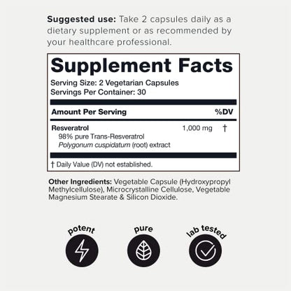 Ultra High Potency Third-Party Tested Trans Resveratrol 1000mg - 98% Pure - Maple Wellness Supplements