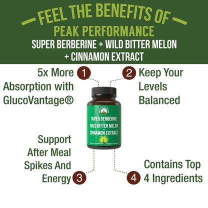 Ultra High Strength 4-in-1 Super Berberine Patented GlucoVantage + Wild Bitter Melon + Cinnamon Extract + Chromium Picolinate Vegan Capsules. Great Supplement to Support After-Meal Spikes and Energy - Maple Wellness Supplements