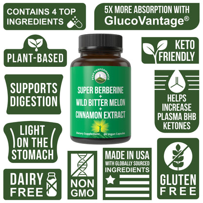 Ultra High Strength 4-in-1 Super Berberine Patented GlucoVantage + Wild Bitter Melon + Cinnamon Extract + Chromium Picolinate Vegan Capsules. Great Supplement to Support After-Meal Spikes and Energy - Maple Wellness Supplements