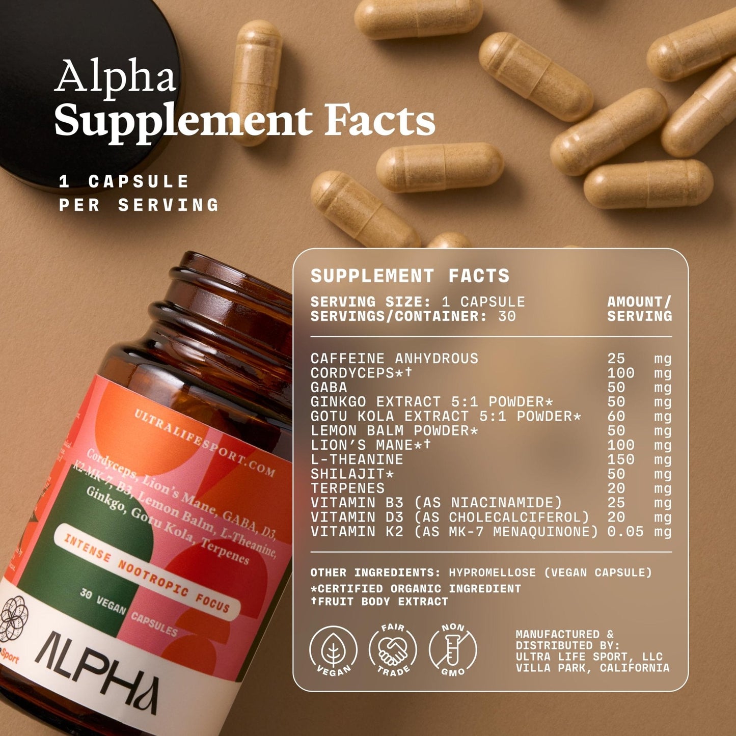Ultra Life Sport - Alpha Nootropic - 30 Capsule Body and Brain Supplements for Memory and Focus - L-Theanine, B Vitamins, Lion's Mane, Cordyceps Mushrooms, Vitamin D3, K2 MK-7, Lemon Balm and Ginkgo - Maple Wellness Supplements