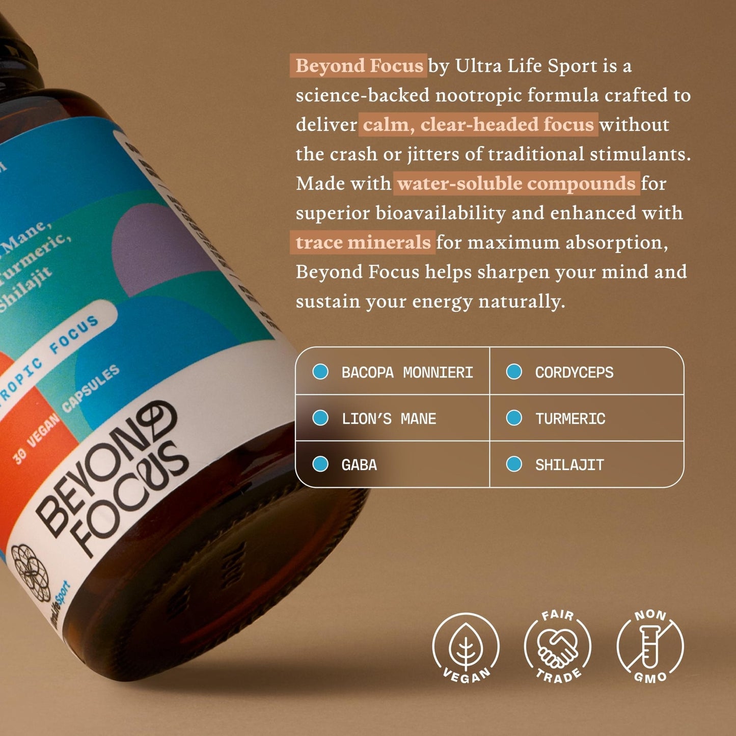 Ultra Life Sport - Beyond Focus Organic Mushroom Supplement - 30 Capsule Brain Supplements for Memory and Focus - 100% Vegan, Non-GMO - Memory Booster with Bacopa, Cordyceps, & Lion’s Mane - Maple Wellness Supplements