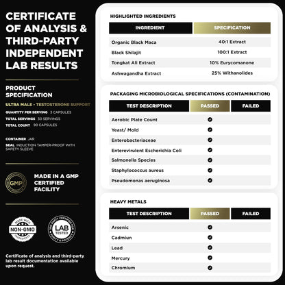 ULTRA MALE® Premium for Men w. 100:1 Shilajit, 40:1 Black Maca, Ashwagandha 25%, Tongkat Ali 10% - Clinical Strength Male Enhancing Supplement for Men Health Libido+ - Maple Wellness Supplements