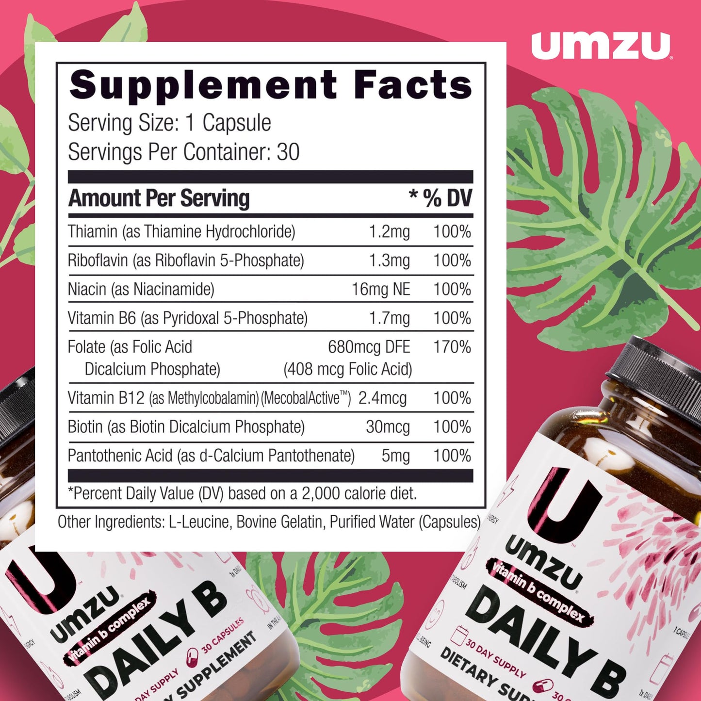 UMZU Daily B, 30 Day Supply – Complete Vitamin B Complex Supplement Blend with B1, B2, B3, B5, B6, B7, B9 & B12 Plus Folic Acid & Biotin – Supports Energy, Focus, Mood, - Maple Wellness Supplements