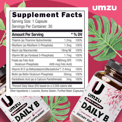 UMZU Daily B, 30 Day Supply – Complete Vitamin B Complex Supplement Blend with B1, B2, B3, B5, B6, B7, B9 & B12 Plus Folic Acid & Biotin – Supports Energy, Focus, Mood, - Maple Wellness Supplements